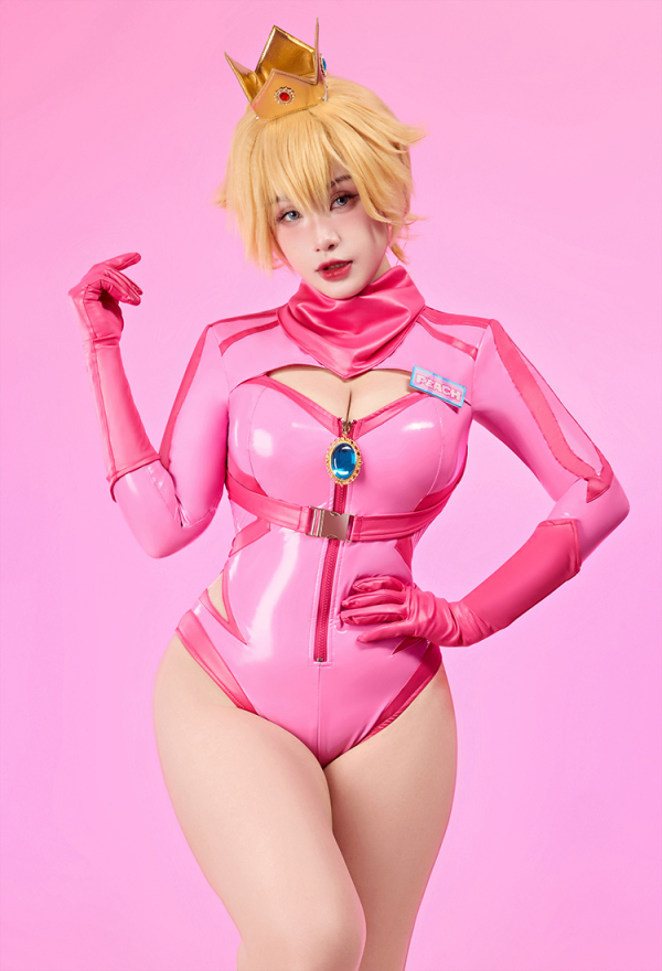 Women Girl Peach Derivative Sexy Lingerie Set - Racing Suit Striped Cutout  Bodysuit with Crown Gloves Cosplay