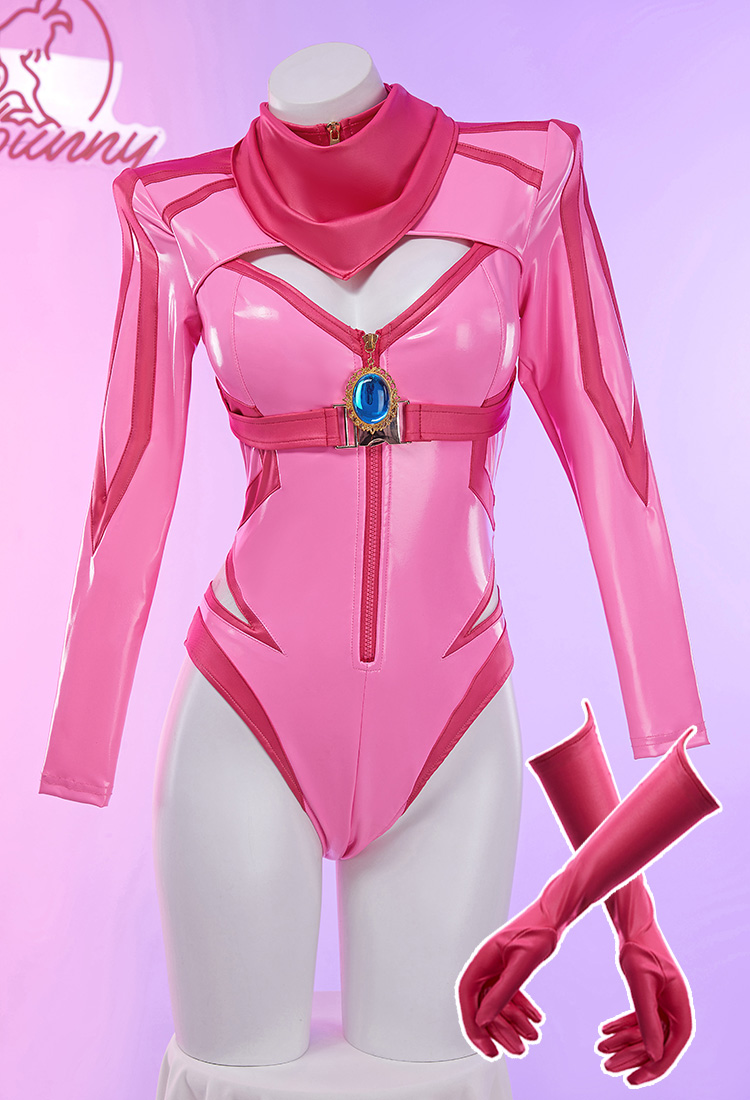 Peach Princess Derivative Sexy Lingerie Set Racing Suit Striped Cutout Bodysuit with Crown Gloves