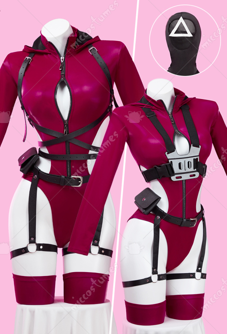 Squid Game Derivative Sexy Lingerie Bodysuit Cutout Zipper Hooded Bodysuit with Gloves Headgear