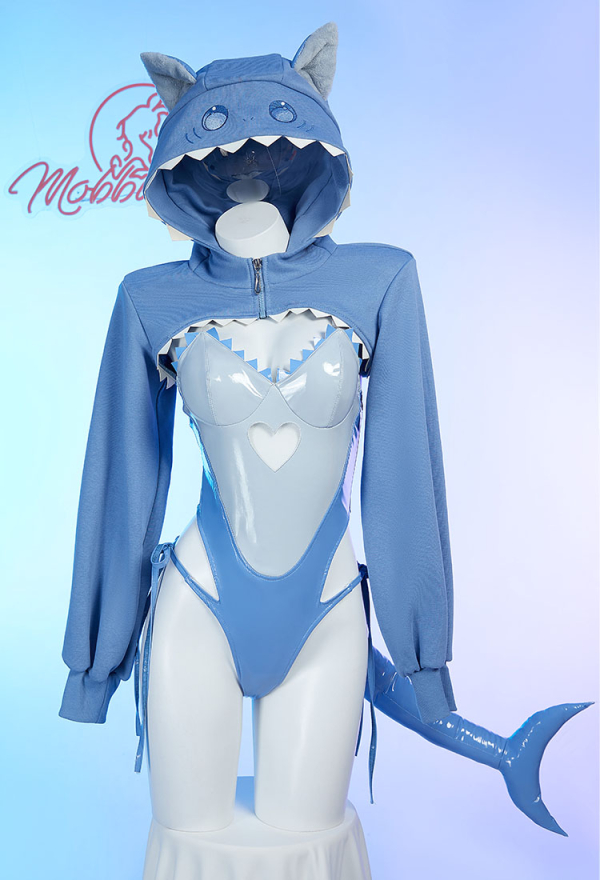 Women Sexy Lingerie Set Costume - Kawaii Cat Shark Cutout Bodysuit with  Crop Hoodie and Tail Cosplay