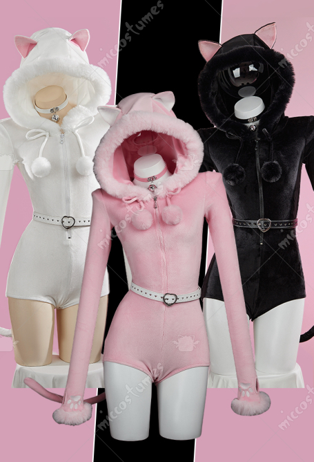 Kawaii Cat Hooded Bodysuit Sexy Lingerie Neko Plush Bodycon Romper with Tail Belt