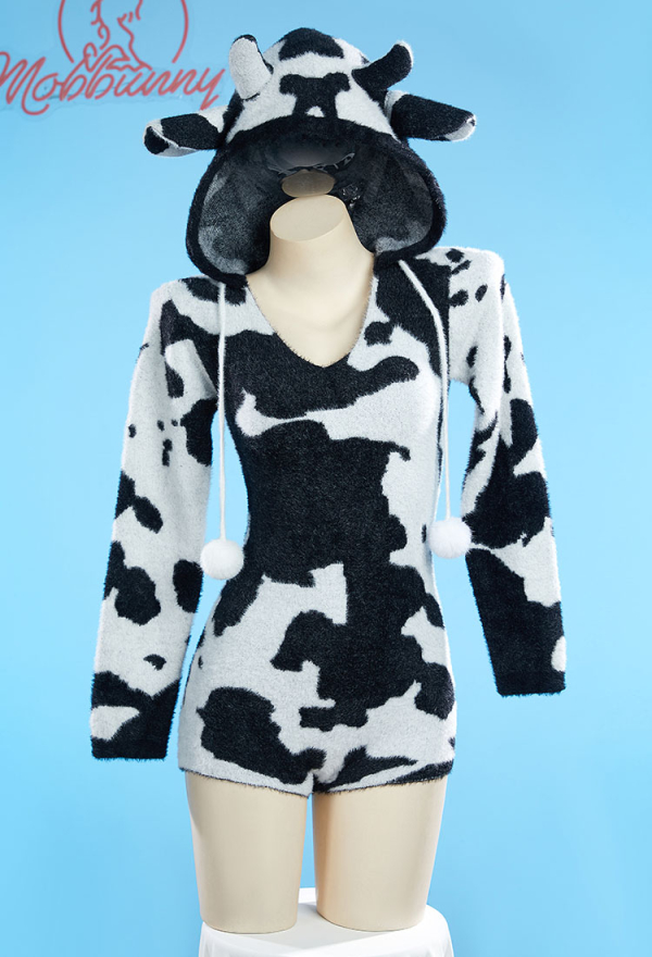 Fluffy Homewear Bodycon Romper - Cow Pattern Hooded Bodysuit | Top Quality Sexy  Lingerie for Sale