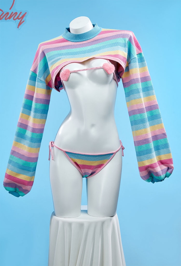 sexy colorful lingerie Knitted Sexy Lingerie Set - Kawaii Rainbow Stripe Crop Top with Bikini Bra  Thong Set