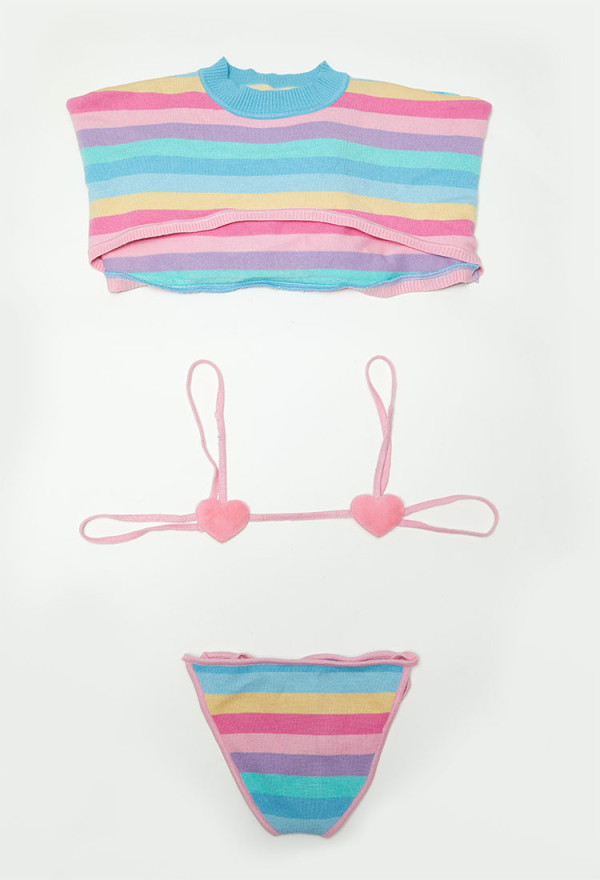 Knitted Sexy Lingerie Set - Kawaii Rainbow Stripe Crop Top with Bikini Bra  Thong Set | Top Quality Lingeire for Sale