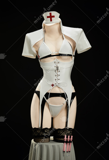 Tifa Derivative Sexy Cosplay Lingerie White Nurse Uniform Cut Out Bodysuit with Black and White Bra and Thong