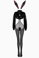 Sexy Lingerie Bunny Costume Black Bunny Girl Set Sheer Hollow Bodysuit with Short Top and Thong