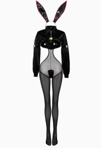Sexy Dessous Lingerie Bunny Girl Schwarzes Set Transparenter Hohlbodysuit mit kKurz Oberteil Tanga
