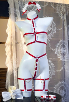 Wine Red Bear Maid Sexy Lingerie Set Sheer Dress with Apron and Lace Bondage Strap Set
