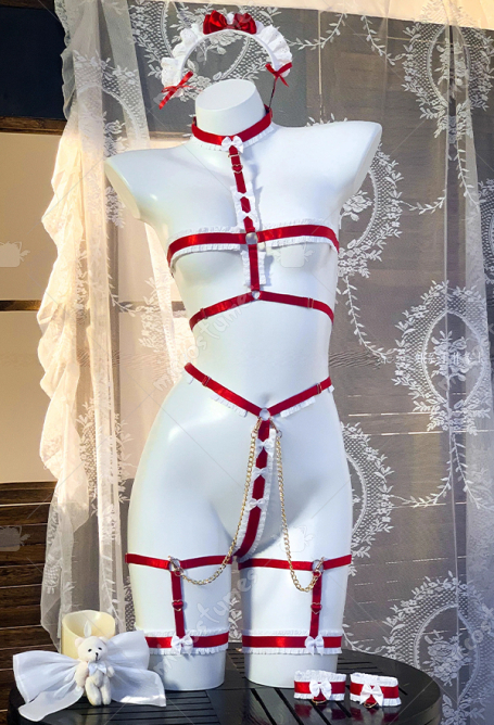 Wine Red Bear Maid Sexy Lingerie Set Sheer Dress with Apron and Lace Bondage Strap Set