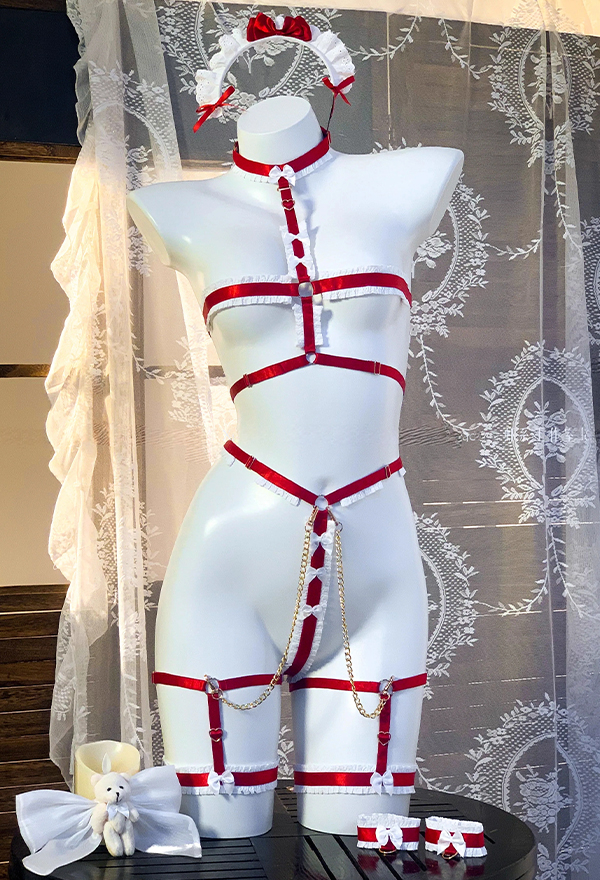 Wine Red Bear Maid Sexy Lingerie Set - Sheer Dress with Apron and Lace  Bondage Strap Set Cosplay | Top Quality Lingerie for Sale