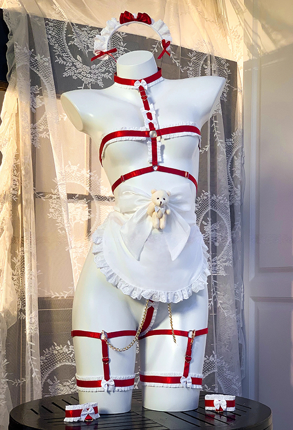 Wine Red Bear Maid Sexy Lingerie Set - Sheer Dress with Apron and Lace  Bondage Strap Set Cosplay | Top Quality Lingerie for Sale
