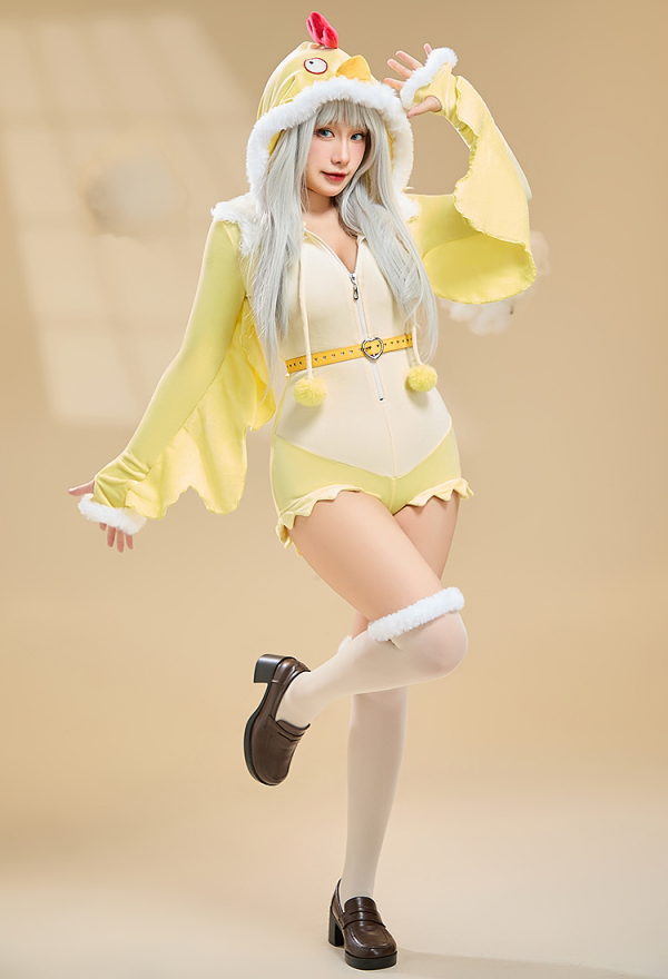 Kawaii Cream Yellow Chicken Sexy Lingerie Plush Romper Halloween Costume  Furry Onesie with Eyes and Socks
