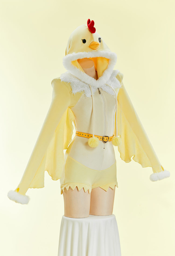 Kawaii Cream Yellow Chicken Sexy Lingerie Plush Romper Halloween Costume  Furry Onesie with Eyes and Socks