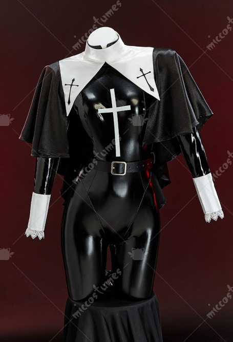 Sexy Cosplay Erotic Nun Suit Black Tight Bodysuit with Shawl and Kerchief