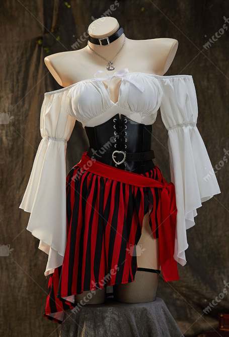 Female Pirate Sexy Lingerie Outfit Halloween Costume One Shoulder Top and Irregular Skirt with Waist Belt and Eye Mask