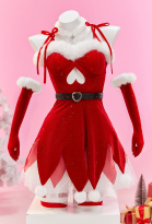 Christmas Elf Sexy Cosplay Set Plush Red and White Irregular Dress with Hat and Underskirt