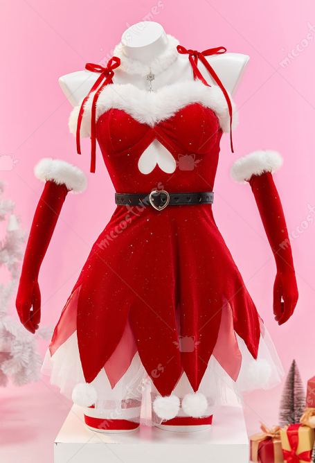Christmas Elf Sexy Cosplay Set Plush Red and White Irregular Dress with Hat and Underskirt
