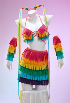 Mexican Piñata Theme Sexy Colorful Fringe Lingerie Costume Set Layered Fringe Top and Skirt with Hand Sleeves and Headpiece