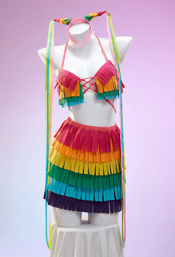 Mexican Piata Theme Sexy Colorful Fringe Lingerie Costume Set Layered Fringe Top and Skirt with Hand Sleeves and Headpiece Mexican Piata Theme Sexy Colorful Fringe Lingerie Costume Set Layered Fringe Top and Skirt with Hand Sleeves and Headpiece