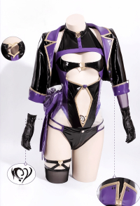 Unholy Heart Sexy Lingerie Set Spliced Blue and Purple Hollow Out Bodysuit with Short Jacket and Hat