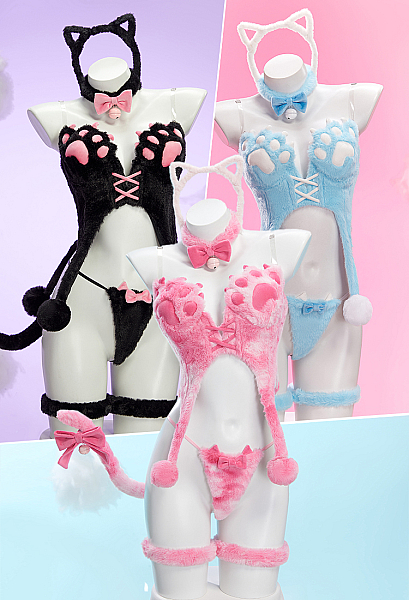 Sexy Kawaii Lingerie Set Winter Plush Cute Cat Paw Top and Thong with Tail