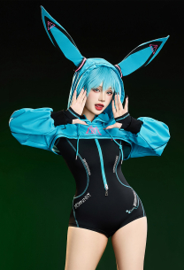Vocal Derivative Sexy Cosplay Costume Cyber Style Tight Sportswear Bodysuit with Hooded Short Jacket and Headdress