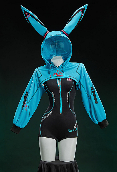 Vocal Derivative Sexy Cosplay Costume Cyber Style Tight Sportswear Bodysuit with Hooded Short Jacket and Headdress
