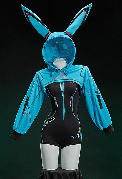 Vocal Derivative Sexy Cosplay Costume Cyber Style Tight Sportswear Bodysuit with Hooded Short Jacket and Headdress