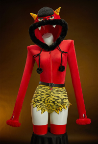 Halloween Japanese Red Ghost Romper Sexy Plush Homewear Tiger Print Hooded Bodysuit with Belt and Socks