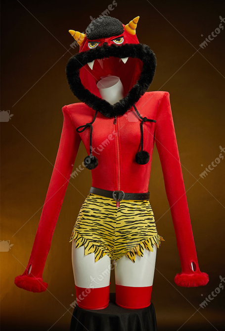 Halloween Japanese Red Ghost Romper Sexy Plush Homewear Tiger Print Hooded Bodysuit with Belt and Socks