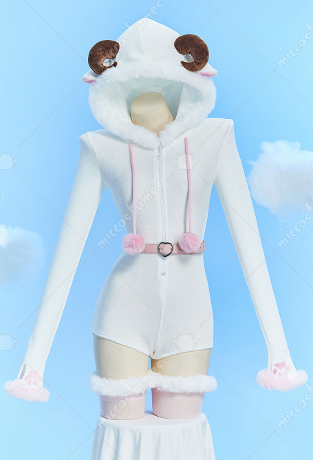 Kawaii Sheep Sexy Plush Homewear Romper Furry Hooded Bodysuit with Belt and Socks