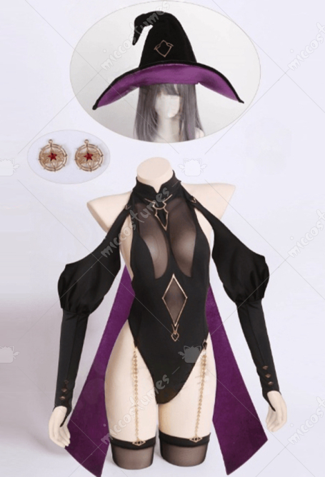 Sexy Witch Lingerie Set Mesh Cutout Bodysuit with Cape and Magic Hat