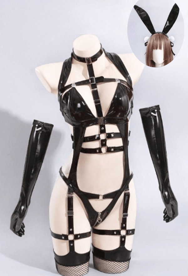 Bunny Girl Sexy Lingerie Set Hollow Strap Bodysuit with Fishnet Stockings and Bunny Ears