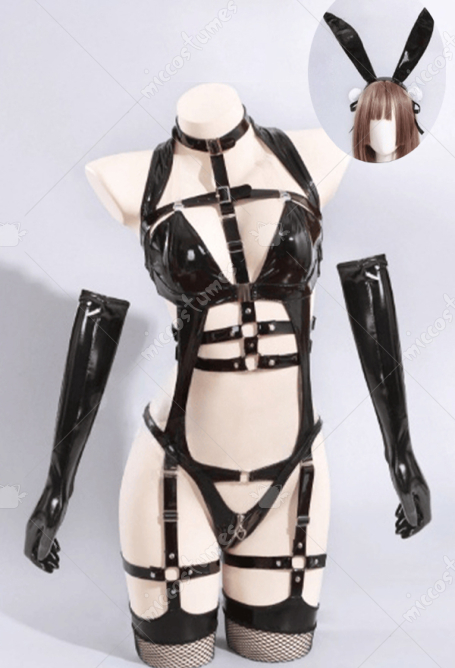 Bunny Girl Sexy Lingerie Set Hollow Strap Bodysuit with Fishnet Stockings and Bunny Ears