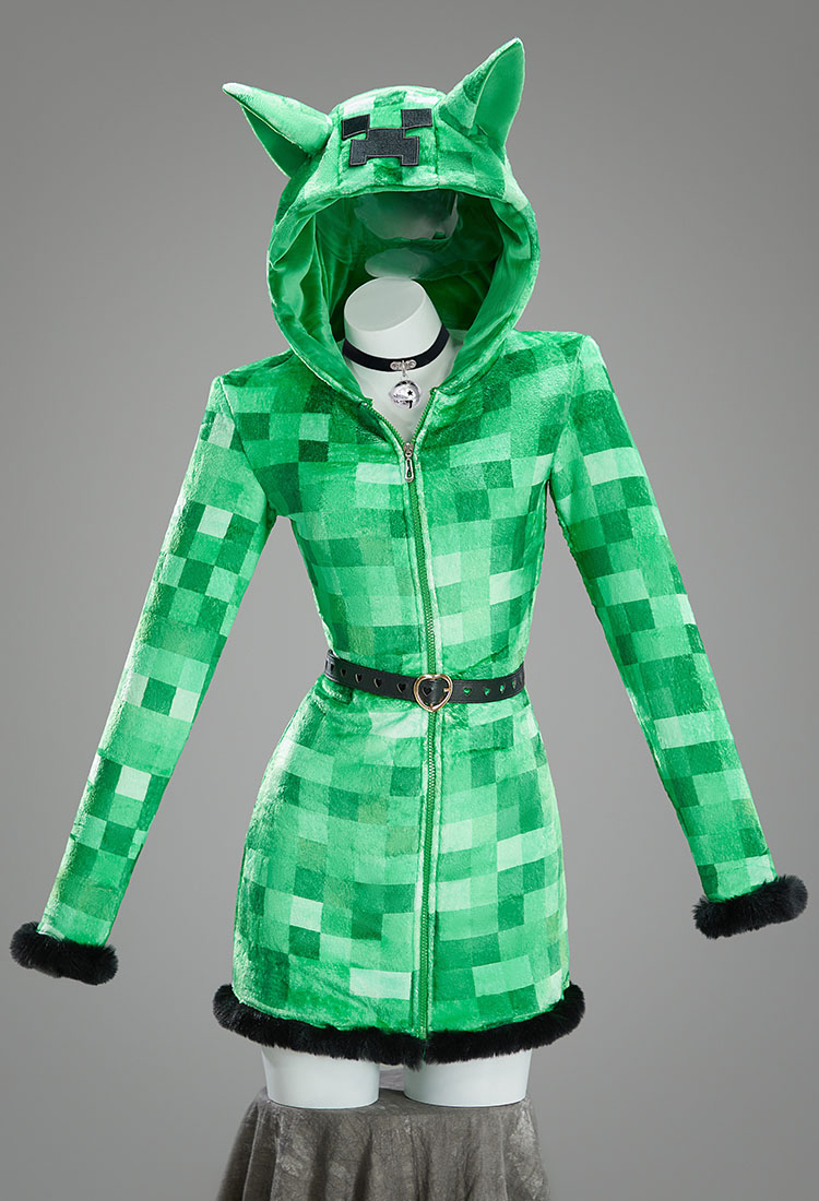 Creeper Derivative Sexy cosplay Costume Plush Homewear Pajamas Dress Green Pixel Plaid Print Hooded Dress with Belt and Socks