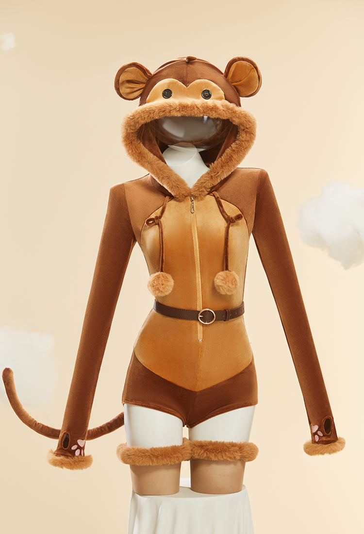 Monkey Kawaii Plush Homewear Cute Furry Romper Hooded Bodysuit with Tail and Socks