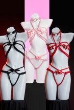 セクシー コスプレ 黒色コウモリ・赤蝶・ピンクリボン 縛り縄セット