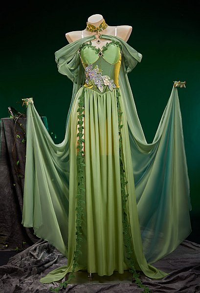 Superhero Derivative Retro Sexy Cosplay Costume Medieval Green Elf Dress and Cape with Bottom and Bracelets