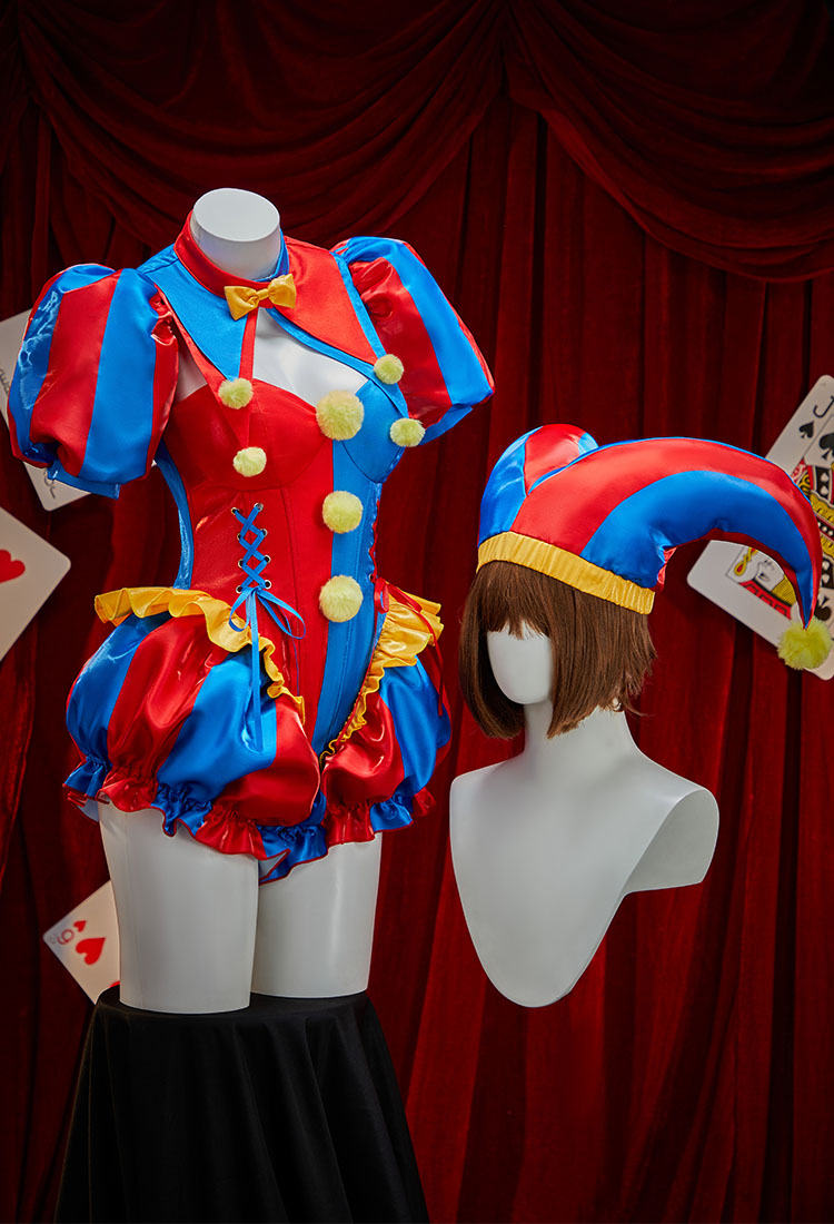 TADC Clown Girl Derivative Sexy Cosplay Costume Blue and Red Color-blocked Bodysuit and Jacket with Hat and Gloves