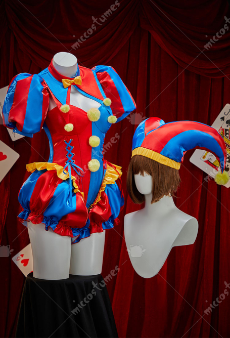 TADC Clown Girl Derivative Sexy Cosplay Costume Blue and Red Color-blocked Bodysuit and Jacket with Hat and Gloves