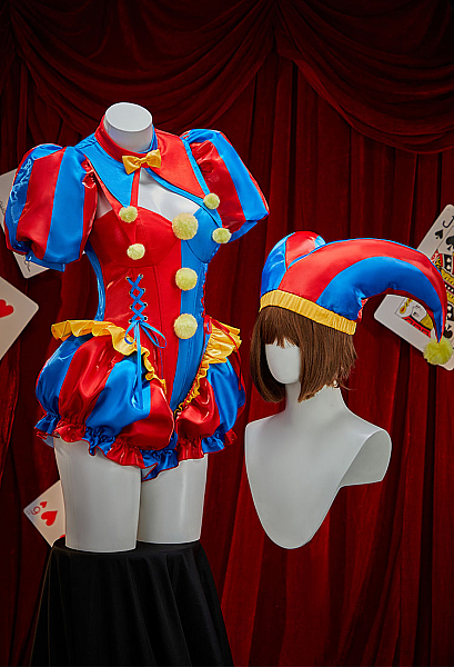 Costume cosplay sexy dérivé de TADC Clown Girl Combinaison et veste bleu et rouge à blocs de couleur avec chapeau et gants