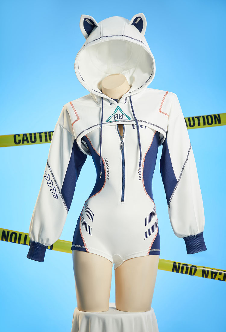 Anime Derivative Sexy Cosplay Costume Sportswear Cyberpunk Style White and Blue Bodysuit with High Cutout Hoodie