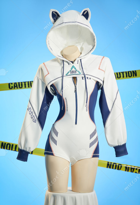 Anime Derivative Sexy Cosplay Costume Sportswear Cyberpunk Style White and Blue Bodysuit with High Cutout Hoodie