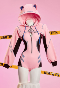Anime Derivative Sexy Cosplay Costume Cyberpunk Style Sportswear Black and Pink Bodysuit with High Cutout Hoodie