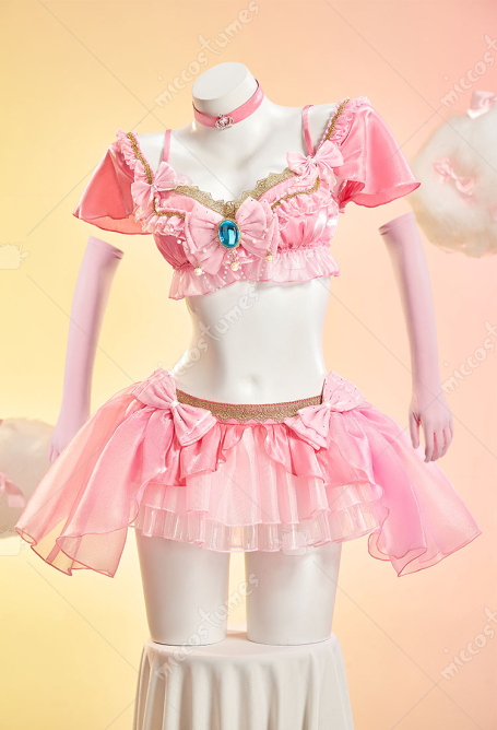 Princess Peach Derivative Music Festival Sexy Outfit Ruffled Crop Top and Skirt with Thong and Gloves