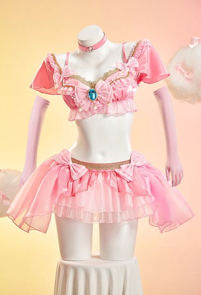 Princess Peach Derivative Music Festival Sexy Outfit Ruffled Crop Top and Skirt with Thong and Gloves