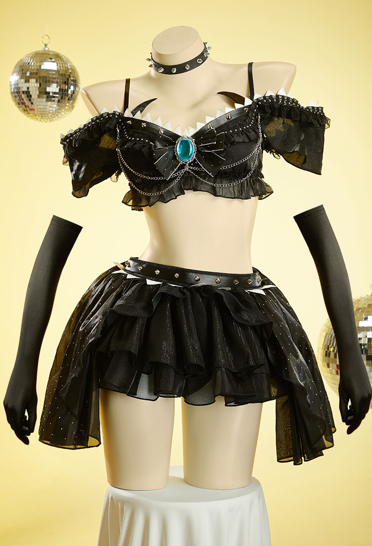 Bowsette Derivative Music Festival Sexy Cosplay Costume Ruffled Crop Top and Skirt with Thong and Gloves