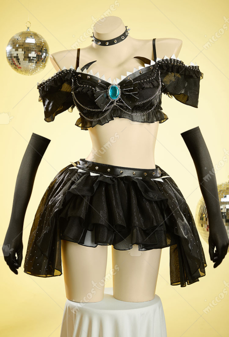 Bowsette Derivative Music Festival Sexy Cosplay Costume Ruffled Crop Top and Skirt with Thong and Gloves