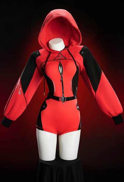 DP Superhelden Derivative sexy Cosplay Kostüm im Cyberpunk Stil Yoga Sportanzug Rot Schwarz mit kurzem Hoodie und Gürtel