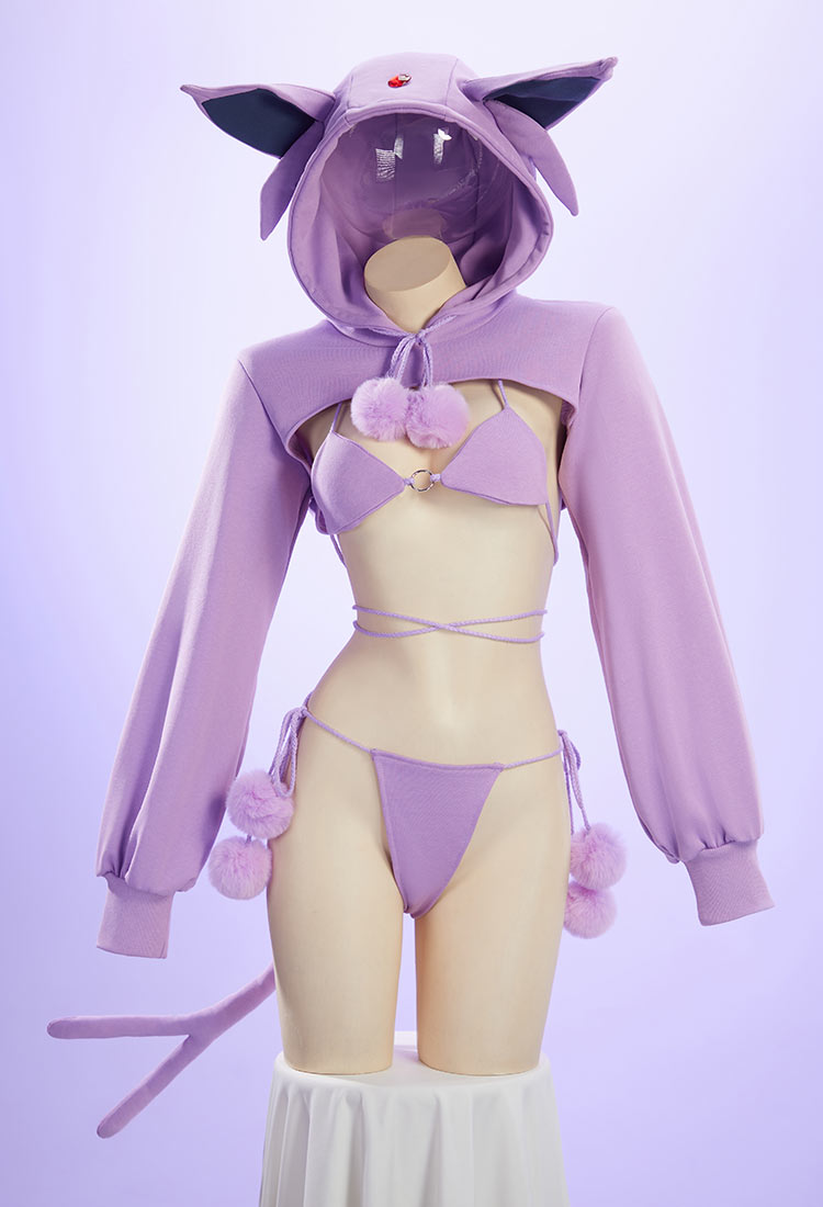 PM Derivative Sexy Cosplay Costume Lace-up Bikini Set with High-cut Hoodie and Tail